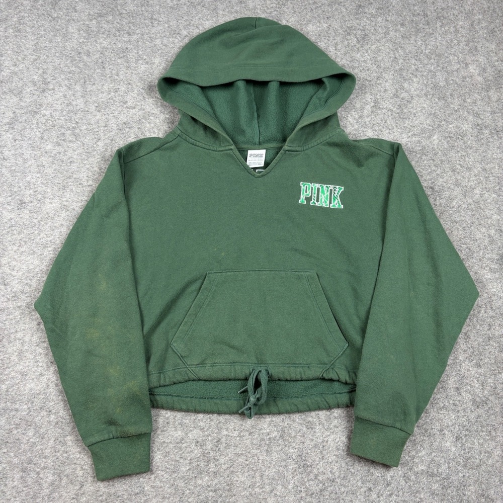 Y2K PINK Victoria's Secret Hoodie Women XS Green Cropped Graphic Skate Preppy